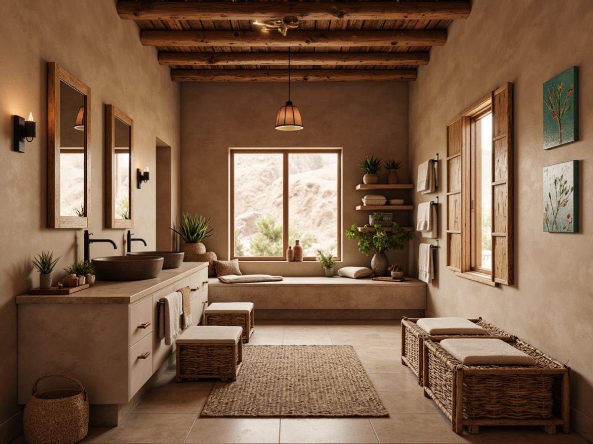 Prompt: Warm southwestern bathroom, rustic wooden cabinetry, earthy tone finishes, natural stone countertops, woven textiles, desert-inspired patterns, turquoise accents, reclaimed wood shelves, copper fixtures, warm beige walls, soft ambient lighting, 1/1 composition, shallow depth of field, realistic textures.