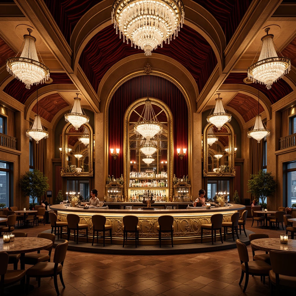 Prompt: Ornate bar counter, golden accents, curved lines, luxurious fabrics, velvet drapes, crystal chandeliers, antique mirrors, intricate carvings, rich wood tones, marble countertops, ornamental metalwork, lavish decorations, grandiose atmosphere, warm soft lighting, dramatic shadows, 1/1 composition, shallow depth of field, realistic textures, ambient occlusion.