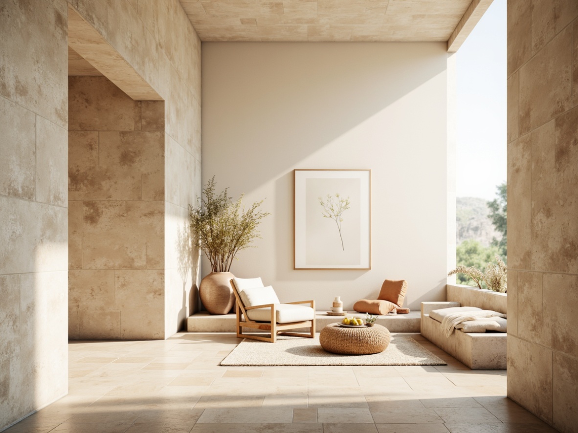 Prompt: Soft pastel hues, calming atmosphere, warm beige tones, creamy whites, gentle peach shades, soothing blues, muted greens, earthy terracotta, natural stone textures, organic patterns, minimalist decor, airy open spaces, abundant natural light, subtle gradient effects, 1/1 composition, shallow depth of field, soft focus, realistic renderings.