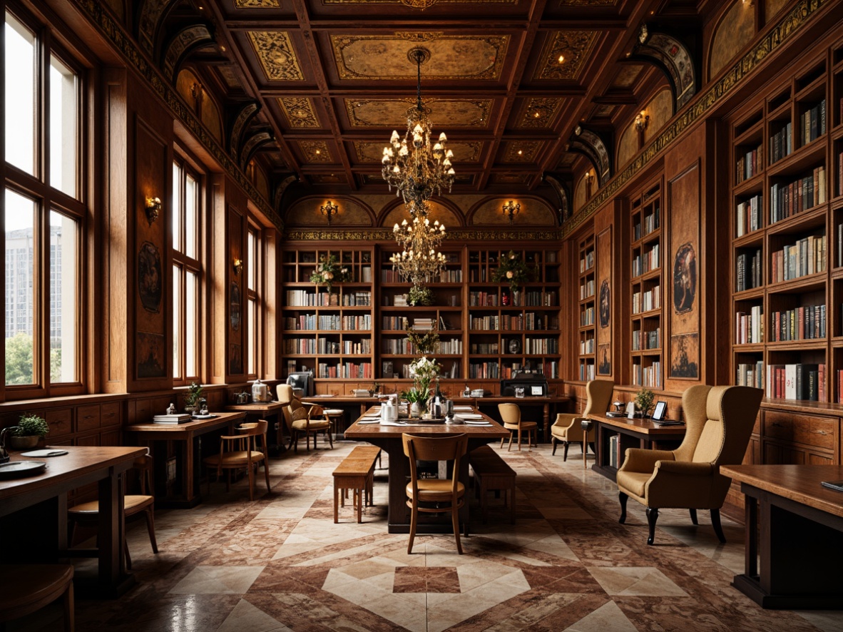 Prompt: Luxurious bookstore, rich wood paneling, ornate metalwork, geometric patterns, velvet drapes, lavish chandeliers, intricate moldings, polished marble floors, bronze accents, leather-bound books, warm golden lighting, shallow depth of field, 1/1 composition, realistic textures, ambient occlusion, opulent atmosphere, vintage furniture, distressed finishes, metallic sheen, tactile experiences.