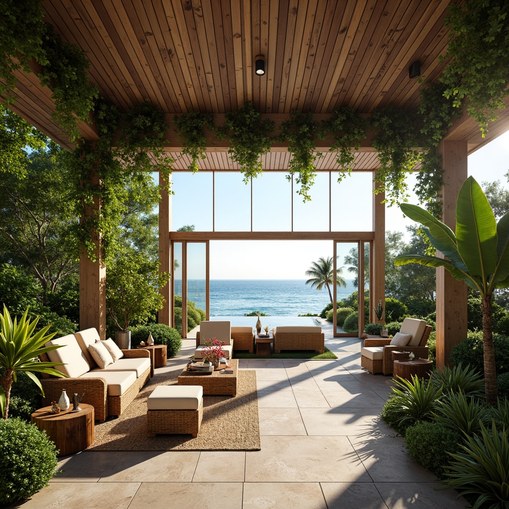 Prompt: Lush greenery, natural textures, reclaimed wood accents, woven rattan furniture, vibrant tropical flowers, airy open spaces, high ceilings, large windows, sliding glass doors, ocean views, sunny day, soft warm lighting, shallow depth of field, 3/4 composition, panoramic view, realistic textures, ambient occlusion, beach-inspired color palette, coral patterns, exotic wood tones, lush foliage, natural ventilation systems, eco-friendly materials, minimal ornamentation.