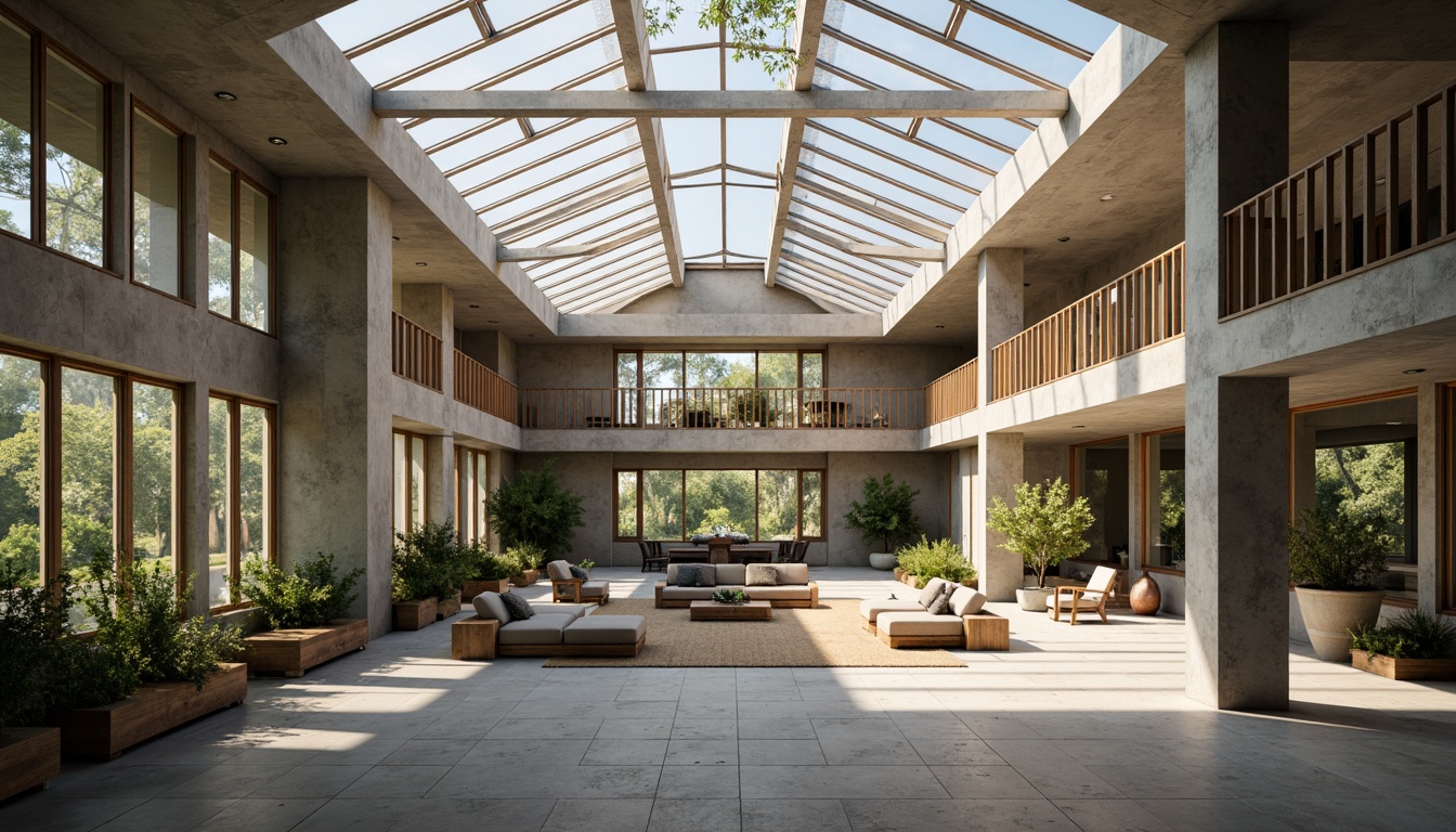 Prompt: Exposed concrete walls, brutalist architecture, industrial-style sunroom, large skylights, clerestory windows, natural stone floors, minimalist decor, reclaimed wood accents, steel beams, raw finishes, dramatic shading, high ceilings, abundant natural light, soft warm glow, subtle shadows, 1/1 composition, symmetrical framing, diffused lighting, ambient occlusion.