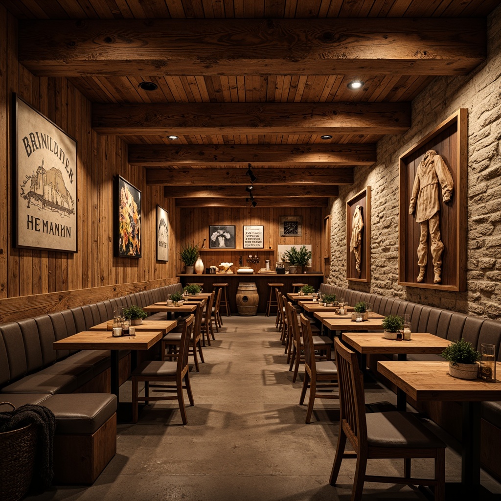 Prompt: Rustic wooden accents, reclaimed barn wood, distressed finishes, earthy color palette, natural stone walls, exposed brick, vintage metal signs, dim warm lighting, cozy atmosphere, raised paneling, wooden beams, rough-hewn textures, earthy scent, wooden barrels, wine cellar feel, intimate seating areas, candlelit ambiance, rustic-chic decor.