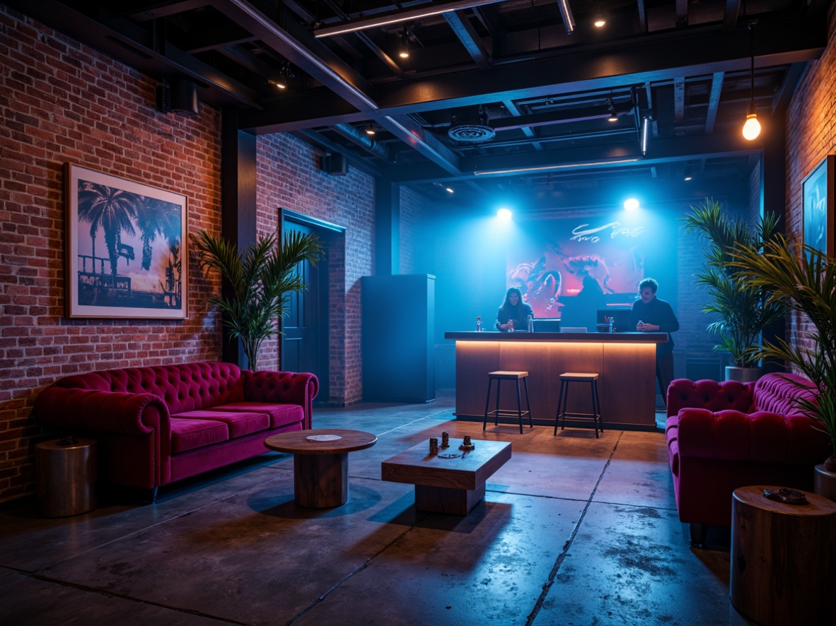 Prompt: Dark industrial atmosphere, exposed brick walls, metal beams, dim neon lighting, strobe lights, DJ booth, dance floor, luxurious velvet sofas, reclaimed wood coffee tables, metallic bar stools, concrete floors, urban graffiti, abstract artwork, spotlights, fog machines, dynamic shadows, 1/2 composition, low-key lighting, cinematic mood.