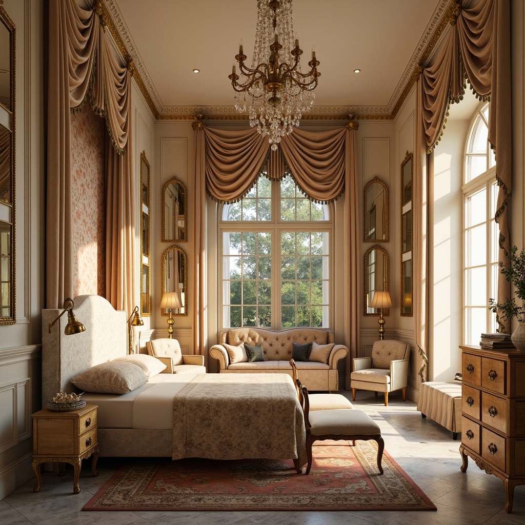 Prompt: Luxurious bedroom, soft golden lighting, delicate floral patterns, intricately carved wooden furniture, ornate mirrors, velvet upholstery, lavish drapery, crystal chandeliers, pastel color palette, curved lines, scalloped edges, gilded accents, marble floors, plush area rugs, cozy reading nooks, intimate seating areas, elegant bed frames, tufted headboards, rich fabrics, opulent textures, warm ambiance, shallow depth of field, 1/2 composition, soft focus, romantic atmosphere.