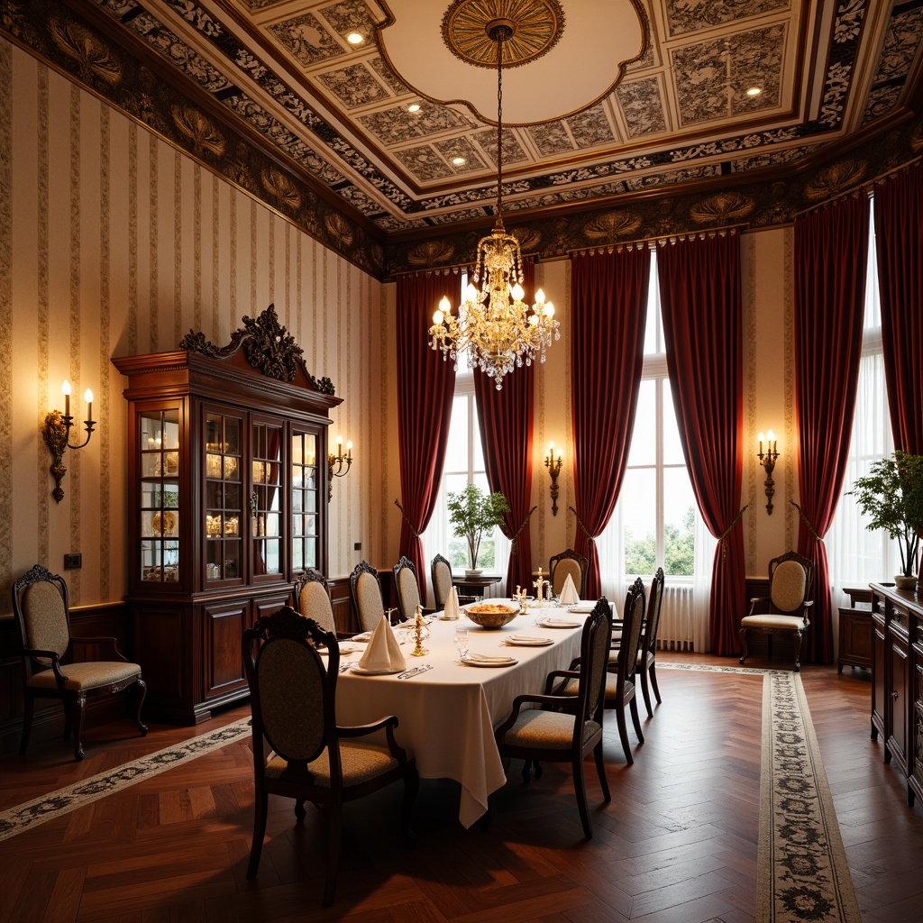 Prompt: Elegant traditional dining room, rich wood furniture, ornate carvings, luxurious velvet drapes, crystal chandeliers, formal table settings, fine china cabinets, intricate wallpaper patterns, warm beige walls, polished wooden floors, comfortable upholstered chairs, lavish centerpieces, soft candlelight, 1/1 composition, shallow depth of field, realistic textures.