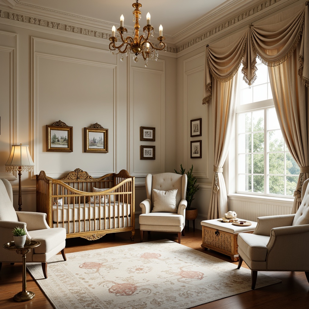 Prompt: Elegant baby room, Renaissance-inspired furniture, intricately carved wooden cribs, plush velvet upholstery, ornate golden frames, delicate lace curtains, soft pastel colors, creamy whites, warm beige tones, subtle texture contrasts, richly patterned rugs, antique bronze hardware, lavish drapery, stately grandfather clocks, vintage toy chests, refined ambient lighting, cozy reading nooks, comfortable gliders, serene nursery atmosphere, natural daylight filtering, shallow depth of field, 1/1 composition, realistic textures, ambient occlusion.