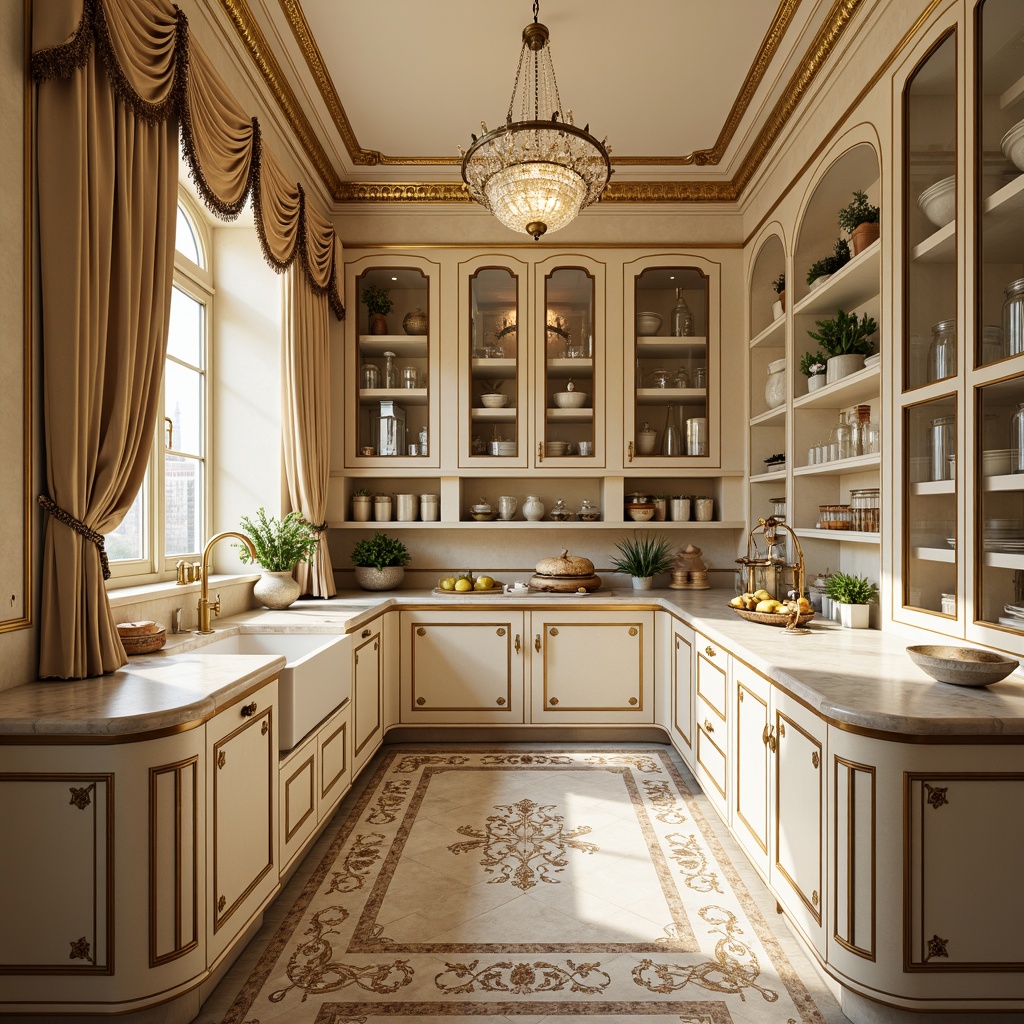 Prompt: Lavish pantry interior, ornate rococo details, gilded moldings, intricate carvings, soft cream colors, luxurious marble countertops, ornamental flower patterns, delicate ceramic tiles, crystal chandeliers, elegant curved lines, refined cabinetry, polished brass hardware, exquisite inlays, velvet drapes, warm golden lighting, shallow depth of field, 1/1 composition, realistic textures, ambient occlusion.