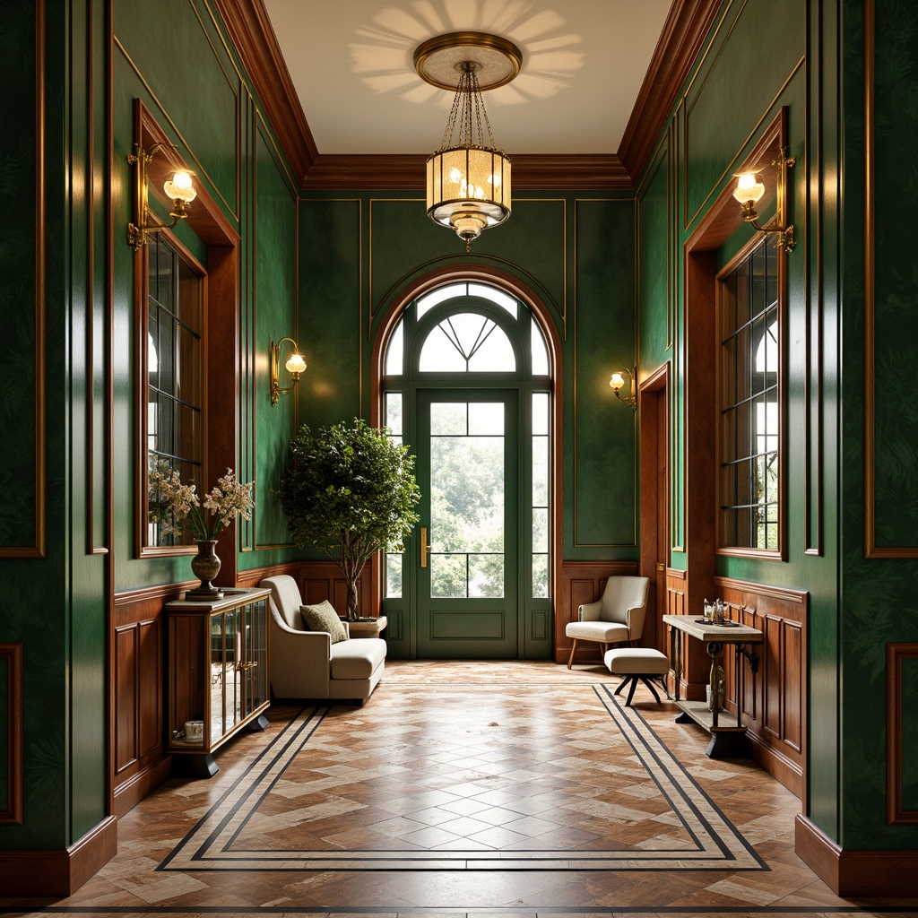 Prompt: Art Deco mudroom, geometric patterned floor tiles, luxurious marble accents, ornate metalwork, elegant curved lines, lavish chandeliers, rich wood paneling, vibrant emerald green walls, opulent gold hardware, sophisticated console tables, glamorous mirrored cabinets, refined herringbone parquet flooring, dramatic high ceilings, stylish pendant lighting, warm neutral color palette, 1/2 composition, cinematic depth of field, realistic metallic reflections.