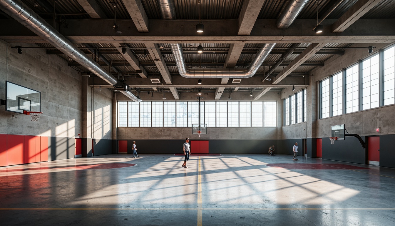 Prompt: Exposed ductwork, industrial-style lighting, polished concrete floors, brutalist architecture, bold structural elements, open-space concept, minimal ornamentation, functional simplicity, metallic beams, raw concrete walls, natural light pouring in, high ceilings, athletic equipment, basketball hoops, sports flooring, vibrant color accents, dynamic shadows, dramatic lighting contrasts, 1/1 composition, wide-angle lens, shallow depth of field.