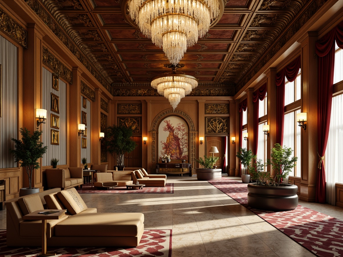 Prompt: Luxurious Art Deco palace, ornate metalwork, geometric patterned rugs, crystal chandeliers, velvet drapes, golden accents, marble flooring, intricate moldings, lavish furnishings, sunburst motifs, zigzag patterns, bold typography, metallic leafing, luxurious fabrics, opulent textiles, glamorous lighting, shallow depth of field, 1/1 composition, cinematic perspective, dramatic shadows, realistic reflections.