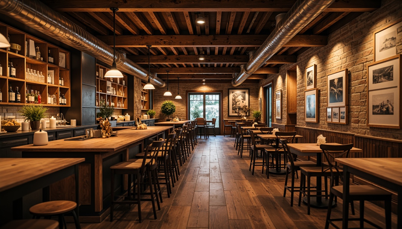 Prompt: Rustic bar interior, wooden accents, reclaimed barn wood, distressed textures, earthy color palette, natural stone walls, brick veneer, exposed ductwork, metal beams, vintage decorative items, pendant lighting, warm cozy ambiance, soft golden lighting, shallow depth of field, 1/2 composition, realistic materials, ambient occlusion.