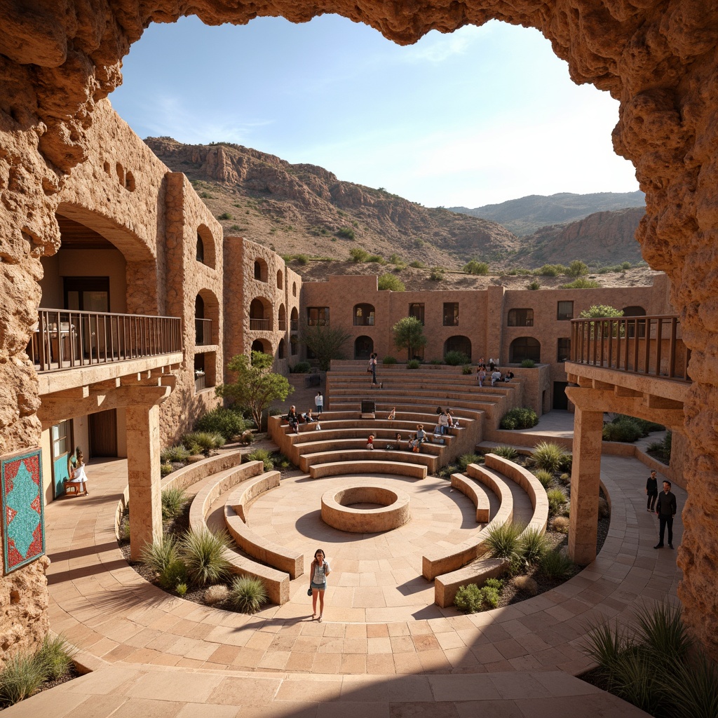 Prompt: Earthy southwestern amphitheater, rugged stone walls, wooden benches, natural rock formations, cacti plants, warm sandy terrain, vast open sky, tiered seating, curved lines, traditional Native American patterns, vibrant turquoise accents, rustic metal railings, woven textiles, earthy color palette, soft warm lighting, shallow depth of field, 1/2 composition, realistic textures, ambient occlusion.