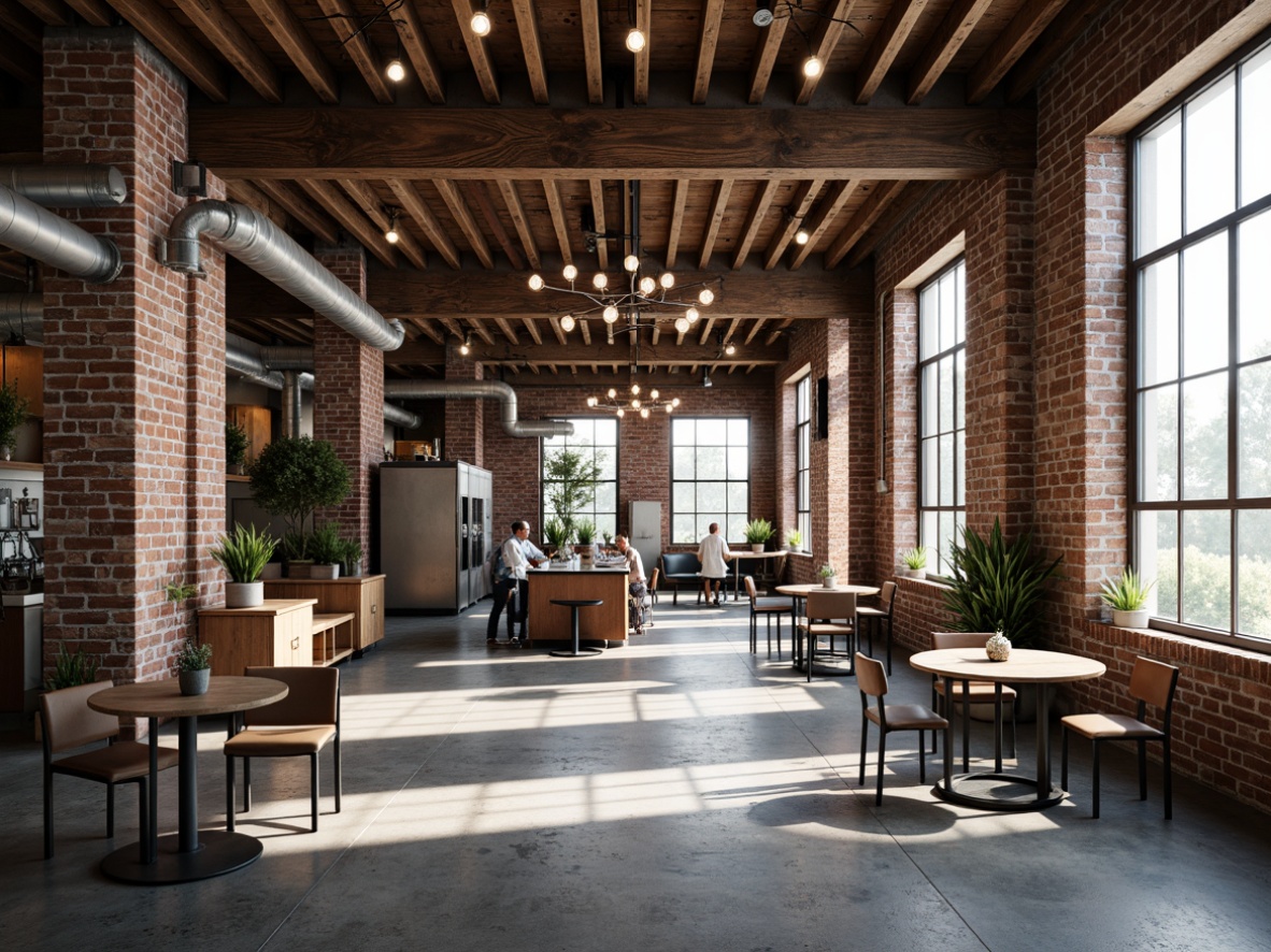 Prompt: Exposed brick walls, metal beams, reclaimed wood accents, industrial-style lighting fixtures, functional pipes, distressed concrete floors, urban loft atmosphere, modern minimalist decor, sleek metal furniture, Edison bulbs, raw unfinished textures, high ceilings, large windows, natural light pouring in, soft warm glow, shallow depth of field, 3/4 composition, realistic metallic reflections.