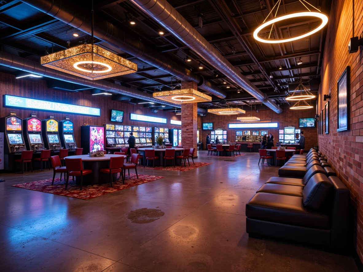 Prompt: Industrial-chic casino interior, exposed ductwork, polished concrete floors, metallic accents, reclaimed wood walls, neon-lit signage, vibrant LED lights, futuristic chandeliers, geometric pendant lamps, sleek metal sconces, warm ambient glow, high-contrast lighting, dramatic shadows, 1/1 composition, low-angle shots, cinematic atmosphere, realistic reflections, advanced lighting simulation.