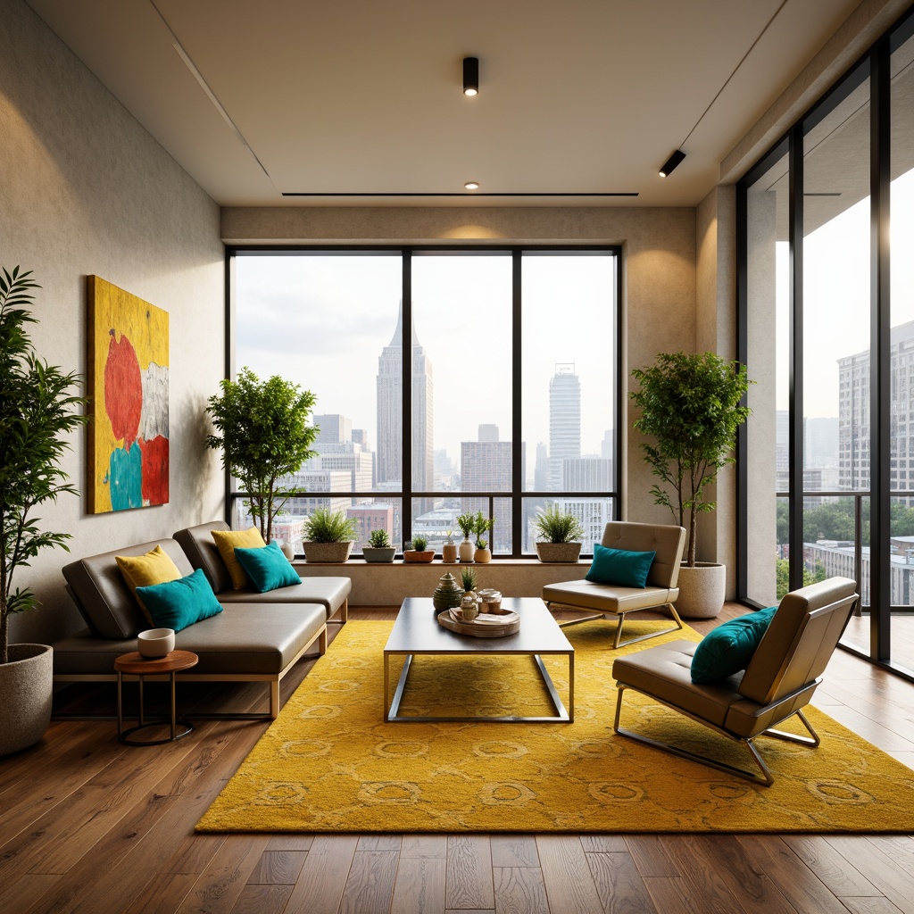 Prompt: Vibrant living room, bold color accents, bright turquoise throw pillows, yellow geometric patterned rug, warm golden lighting, sleek modern furniture, low-profile sofa, chrome metal legs, glass coffee table, lush green potted plants, natural wood flooring, textured wall art, eclectic decorative accessories, cozy reading nook, floor-to-ceiling windows, panoramic city view, soft focus background, 1/1 composition, realistic render.