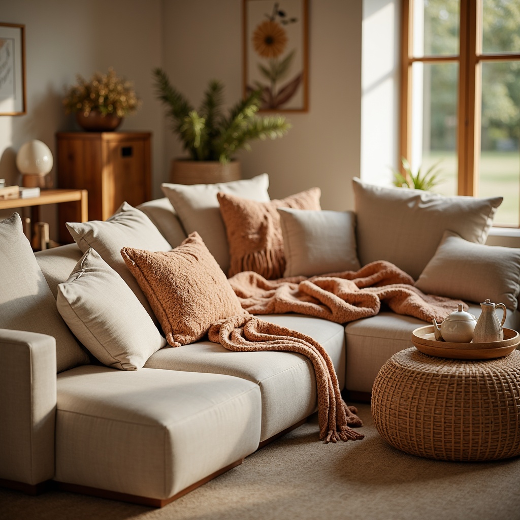 Prompt: Plush throw blankets, soft velvet fabrics, calming beige tones, cozy living room setting, natural wood accents, warm golden lighting, inviting sectional sofas, oversized pillows, chunky knit patterns, tactile woven textures, earthy terracotta hues, minimalist Scandinavian design, soothing nature-inspired colors, serene atmosphere, shallow depth of field, 1/1 composition, realistic fabric renderings.