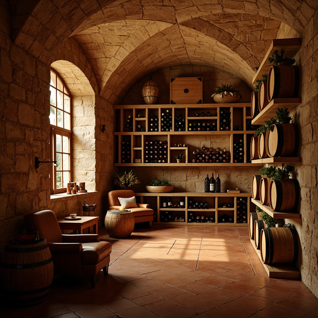 Prompt: Earthy wine cellar, rustic stone walls, wooden barrel shelves, dim warm lighting, natural brick arches, terracotta flooring, vintage wine racks, oak wood accents, earthy color palette, rich leather furniture, soft golden lighting, shallow depth of field, 1/1 composition, realistic textures, ambient occlusion.