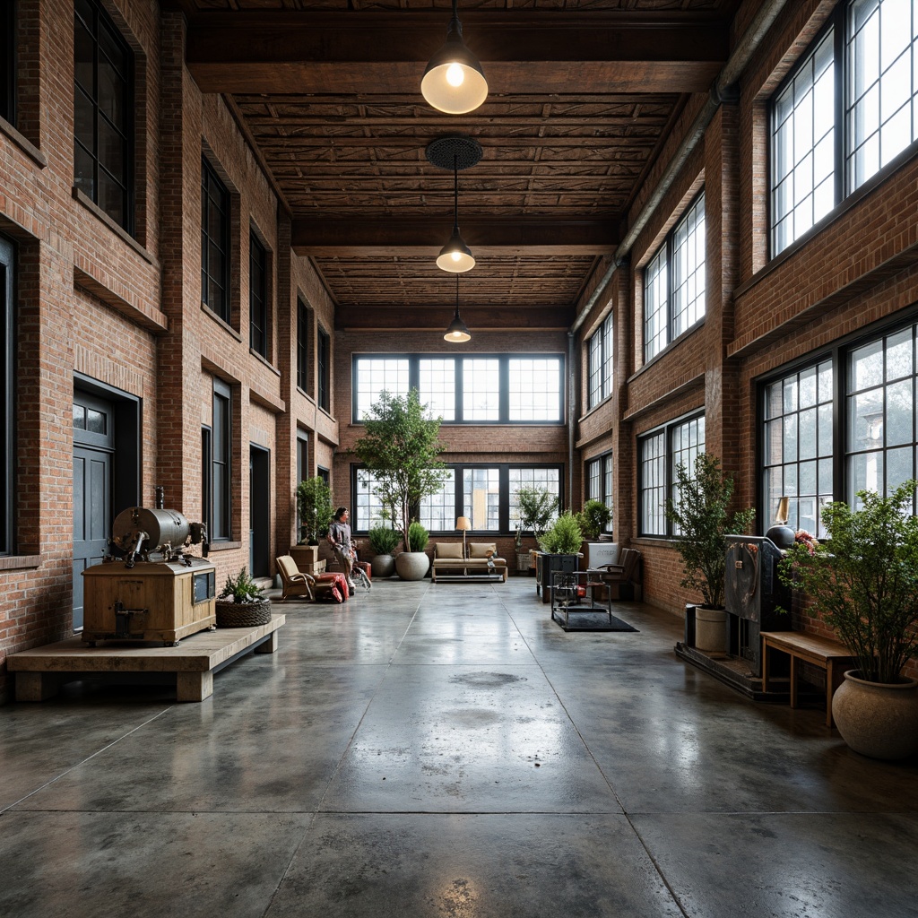 Prompt: Industrial warehouse interior, exposed brick walls, metal beams, reclaimed wood accents, distressed concrete floors, industrial-style lighting fixtures, vintage manufacturing equipment, earthy tone color palette, muted grays, blues, and greens, warm beige tones, rusty red hues, industrial chic aesthetic, high-ceiling space, urban loft atmosphere, natural light pouring in through large windows, realistic textures, ambient occlusion.