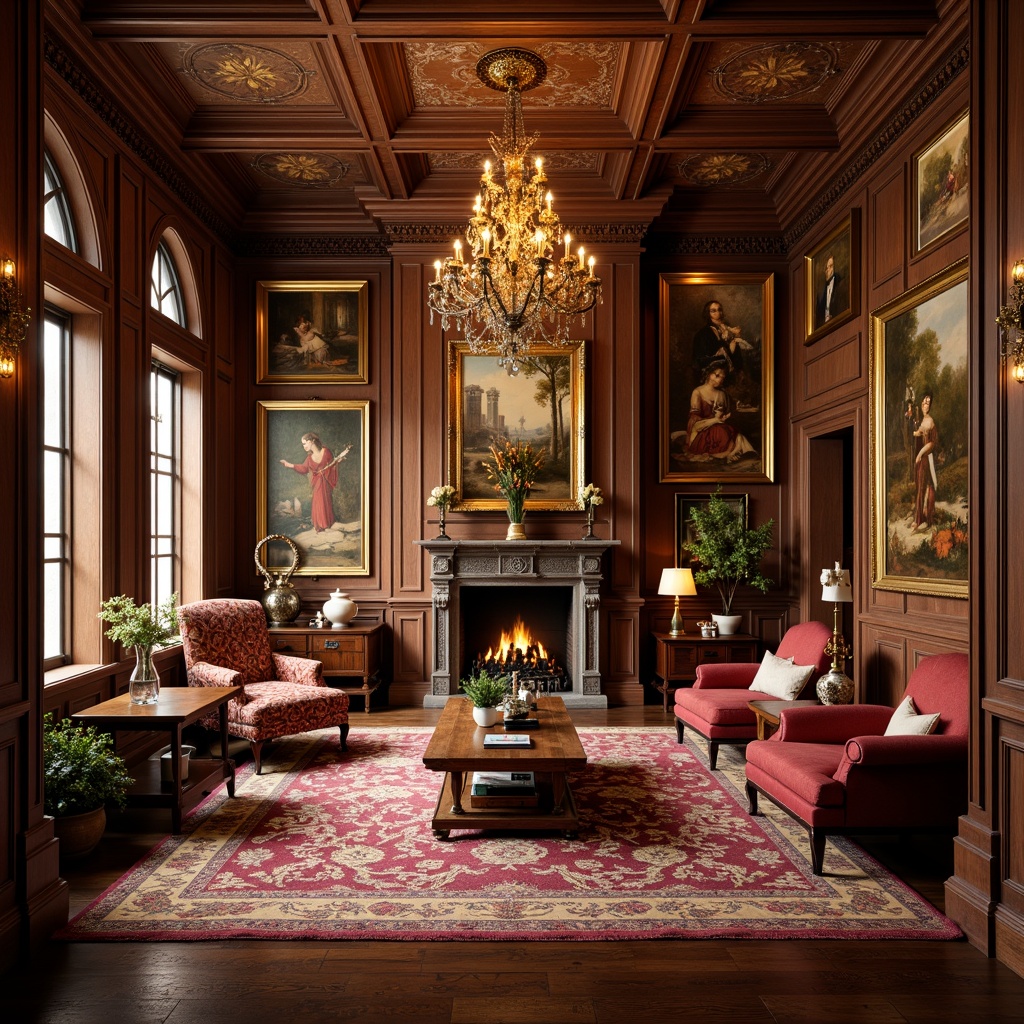 Prompt: Elegant traditional interior, ornate wooden furniture, velvet upholstery, rich tapestries, classic artwork displays, gilded frames, majestic chandeliers, intricate moldings, warm golden lighting, luxurious carpets, subtle texture blending, 1/1 composition, realistic rendering, soft focus blur, vibrant color palette, artistic masterpieces, antique vases, ornamental sculptures, sophisticated ambiance, refined elegance.