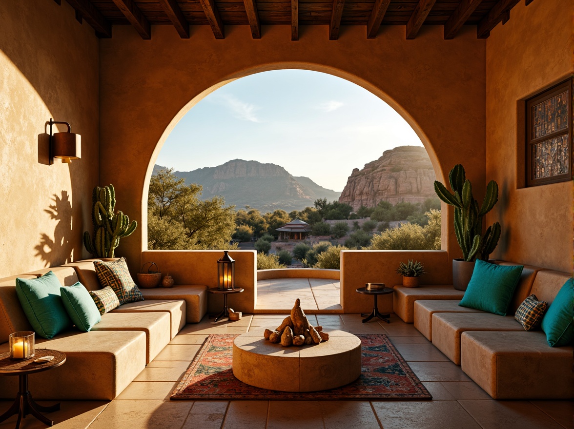 Prompt: Warm golden lighting, soft warm glow, natural stone seating, rustic wooden accents, vibrant turquoise details, Southwestern patterned textiles, earthy color palette, warm beige walls, rustic metal lanterns, candles, lantern-style lighting, dramatic shadows, high contrast ratio, warm color temperature, subtle ambient occlusion, realistic rock formations, cacti silhouettes, desert landscape views, clear blue sky, low-angle shot, 2/3 composition, cinematic atmosphere.