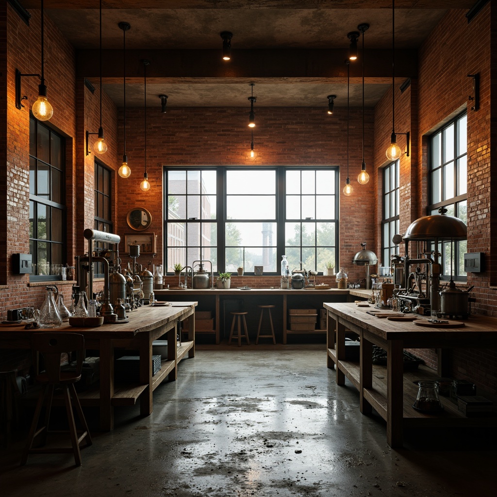 Prompt: Industrial laboratory interior, exposed brick walls, distressed concrete floors, metallic equipment, glass beakers, scientific instruments, minimalist wooden workbenches, Edison bulb lighting, atmospheric misting, dramatic shadows, warm golden tone, high contrast ratio, 1/2 composition, cinematic framing, realistic reflections, subtle ambient occlusion.