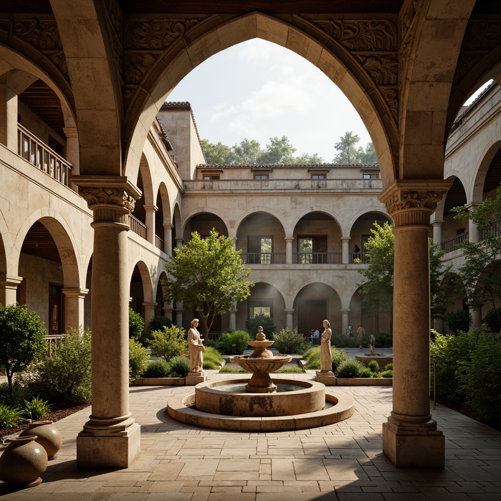 Prompt: Serenely lit monastery, intricately carved stone walls, rustic wooden accents, vaulted ceilings, grandiose archways, tranquil courtyards, lush greenery, meandering pathways, ornate fountains, weathered statues, atmospheric misting, warm golden lighting, shallow depth of field, 1/2 composition, symmetrical framing, realistic textures, ambient occlusion, postmodernist architectural elements, fragmented forms, deconstructivist fa\u00e7ades, unconventional spatial arrangements, adaptive reuse, sustainable materials, minimalist decorations, functional simplicity.