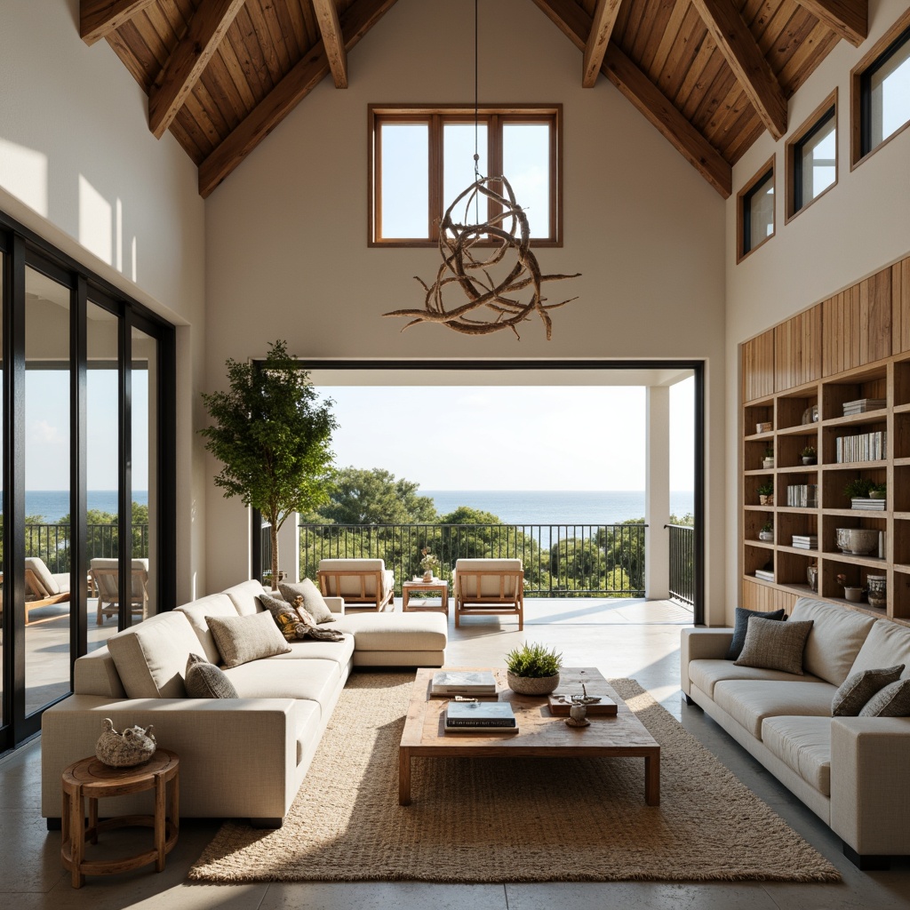 Prompt: Breezy coastal villa, open-plan living area, high ceilings, floor-to-ceiling windows, sliding glass doors, natural wood accents, beachy color palette, soft ocean breezes, indirect sunlight, ambient lighting, minimal ornamentation, functional furniture, built-in shelving, rustic wooden beams, stone flooring, woven textiles, nautical-themed decor, serene outdoor spaces, lush greenery, driftwood sculptures, weathered metal railings, panoramic ocean views, dramatic skylights, 3/4 composition, realistic textures, atmospheric rendering.