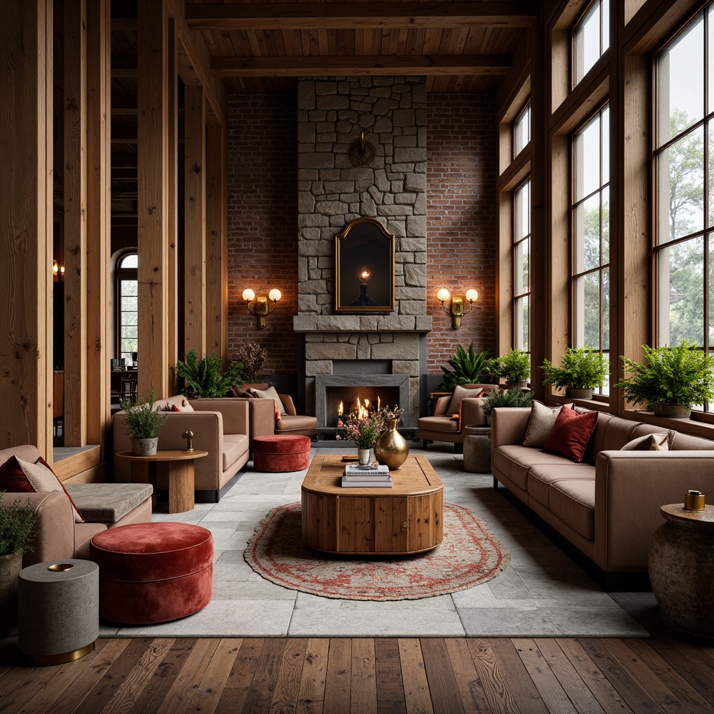 Prompt: Luxurious interior space, rich wood accents, velvet soft furnishings, metallic gold hardware, textured stone walls, distressed leather upholstery, reclaimed wood flooring, industrial chic decor, exposed brick columns, natural light pouring in, warm ambient glow, shallow depth of field, 1/1 composition, realistic textures, subtle shadows.