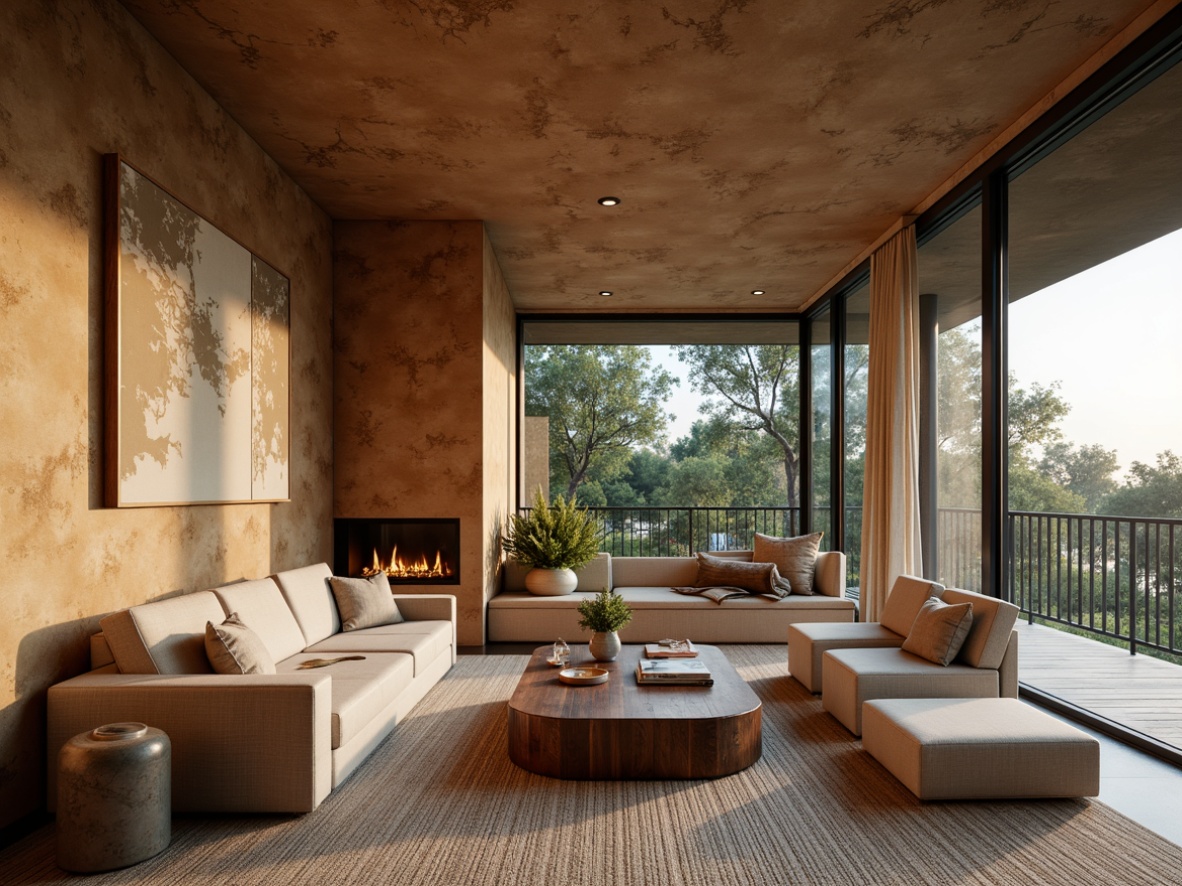 Prompt: Cozy living room, textured walls, earthy tones, natural stone accents, wooden furniture, plush carpeting, warm ambient lighting, soft focus, shallow depth of field, 1/2 composition, inviting atmosphere, comfortable seating, floor-to-ceiling windows, modern minimalist decor, organic shapes, woven textiles, nature-inspired patterns.