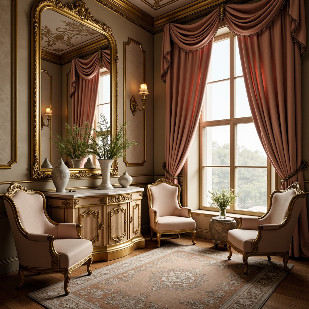 Prompt: Luxurious boudoir, ornate furnishings, intricately carved wooden panels, gilded mirrors, plush velvet drapes, delicate porcelain vases, soft golden lighting, lavish textiles, curved lines, opulent fabrics, antique furniture pieces, French provincial architecture, pastel color palette, whimsical patterns, dreamy atmosphere, shallow depth of field, 1/1 composition, warm soft focus, subtle texture noise.