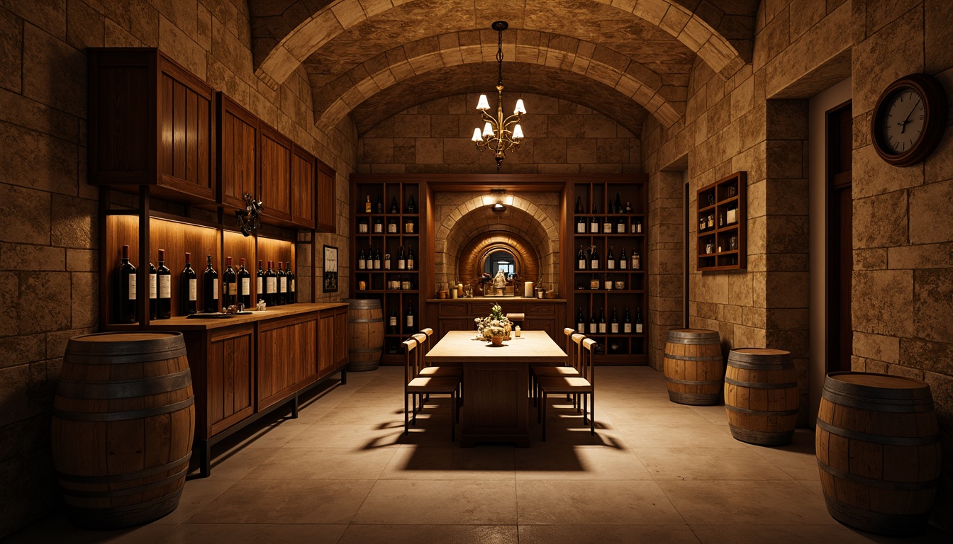 Prompt: Dimly lit wine cellar, rustic stone walls, wooden wine racks, ambient warm glow, soft candlelight, rich wood tones, earthy aromas, temperature-controlled environment, humidity-regulated atmosphere, sleek metal accents, minimalist decor, intimate seating areas, vintage wine barrels, old-world charm, cozy nooks, subtle shadows, dramatic ceiling heights, warm beige colors, sophisticated lighting fixtures, low-key illumination, romantic ambiance.