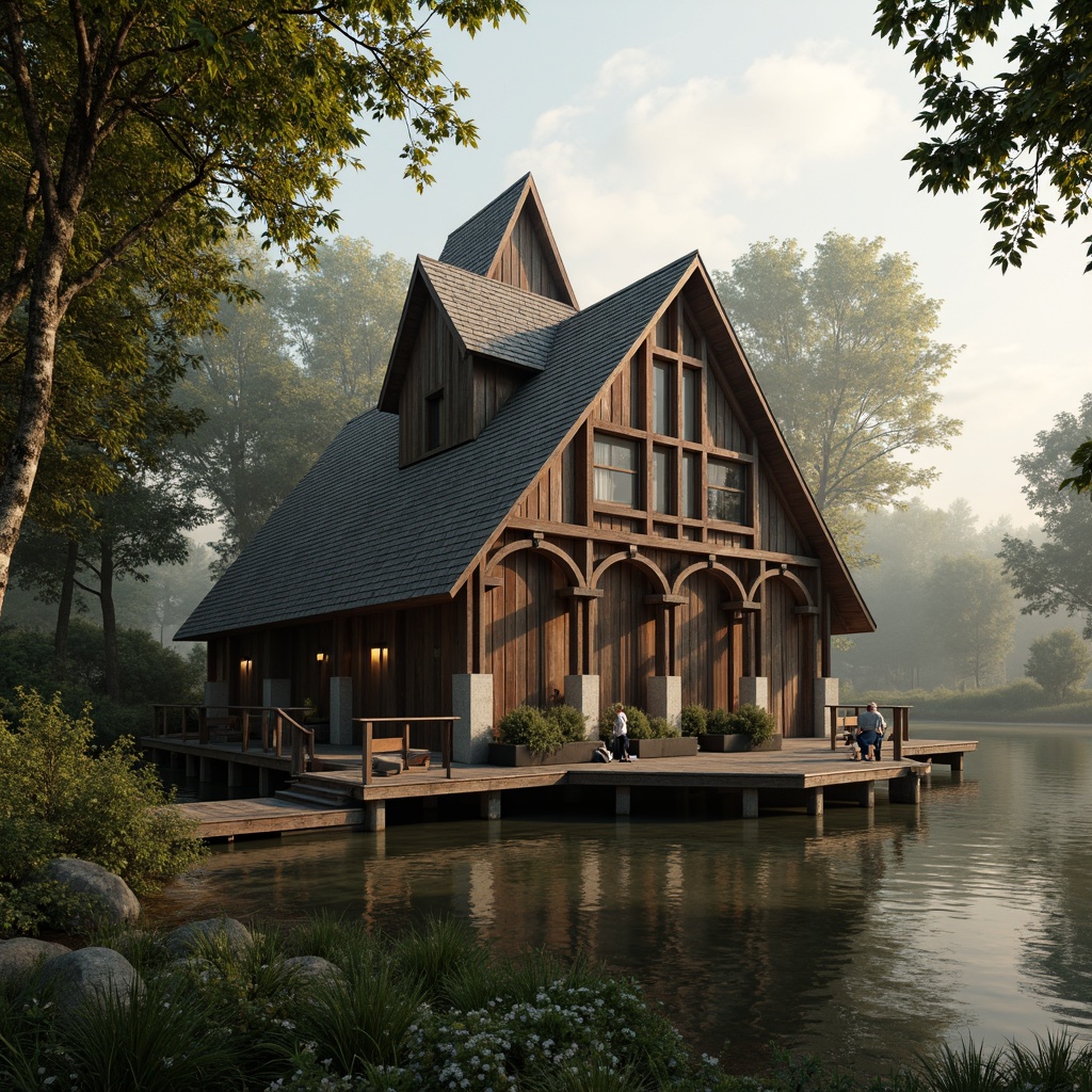 Prompt: Rustic boathouse, weathered wood planks, ornate Gothic arches, pointed steeples, ribbed vaults, flying buttresses, intricate stone carvings, wooden dock, misty lake surroundings, lush greenery, overhanging trees, warm golden lighting, soft misty atmosphere, 1/1 composition, realistic textures, ambient occlusion.