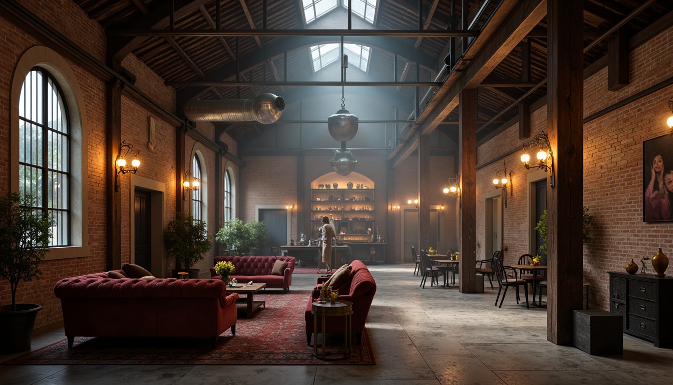 Prompt: Industrial chic warehouse interior, exposed beams, Gothic arches, reclaimed wood accents, metal ductwork, concrete floors, Edison bulb lighting, distressed brick walls, ornate ironwork, luxurious velvet furnishings, rich leather upholstery, mysterious ambiance, low-key warm lighting, atmospheric fog effect, cinematic composition, dramatic shadows, high-contrast ratios.