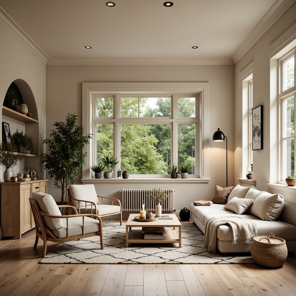 Prompt: Cozy living room, minimalistic decor, light-colored wood floors, comfortable sofas, Nordic-inspired armchairs, sleek coffee tables, natural textiles, woven baskets, geometric patterns, soft candlelight, warm beige walls, large windows, lush greenery views, modern Scandinavian architecture, functional shelving units, industrial-chic metal lamps, cozy reading nooks, calming color palette, soft focus, 1/1 composition, realistic rendering.