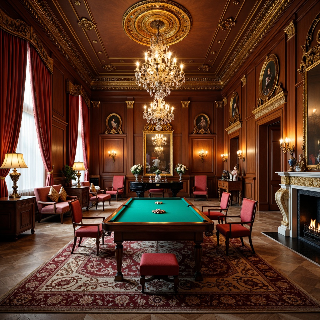 Prompt: Elegant game room, rich wood paneling, ornate furnishings, luxurious velvet upholstery, intricate carvings, gilded accents, crystal chandeliers, marble floors, stately columns, grand pianos, refined leather armchairs, ornamental mirrors, majestic fireplaces, warm golden lighting, shallow depth of field, 1/2 composition, symmetrical arrangement, realistic textures, ambient occlusion.