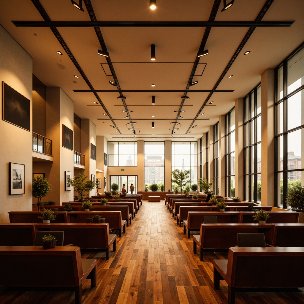 Prompt: Elegant event hall, adaptable seating arrangements, modular stages, retractable screens, floor-to-ceiling windows, polished wooden floors, cream-colored walls, sophisticated lighting systems, adjustable spotlights, warm ambiance, soft focus, shallow depth of field, 1/2 composition, dynamic camera movements, realistic textures, ambient occlusion.