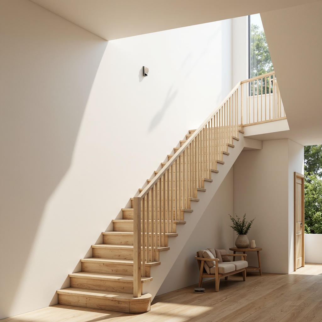 Prompt: Minimalist Scandinavian staircase, sleek wooden handrails, stainless steel balusters, modern Nordic aesthetic, light-filled open space, airy atmosphere, pale wood tones, creamy whites, subtle textures, geometric patterns, gentle curves, minimalist ornaments, warm ambient lighting, soft shadows, 1/1 composition, shallow depth of field, realistic wood grains.