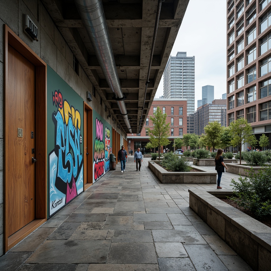 Prompt: Rugged community center, brutalist architecture, raw concrete walls, exposed ductwork, industrial metal beams, rough-hewn stone floors, weathered wood accents, bold graffiti murals, urban cityscape, overcast skies, dramatic shadows, high-contrast lighting, shallow depth of field, 1/2 composition, wide-angle lens, gritty realistic textures, ambient occlusion.