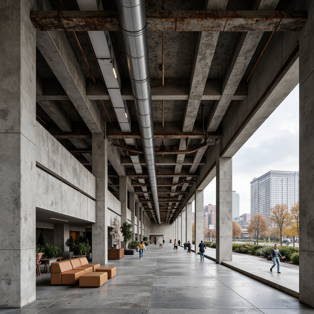 Prompt: Exposed concrete walls, industrial metal beams, rusty pipes, functional ductwork, urban cityscape, modern brutalist architecture, raw unfinished textures, weathered steel accents, reclaimed wood elements, gritty urban atmosphere, dramatic high ceilings, poured concrete floors, minimalist decor, utilitarian aesthetic, cold harsh lighting, high contrast ratios, 1/1 composition, stark shadows, realistic materials.