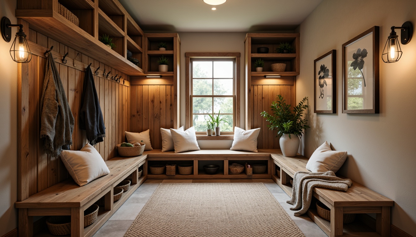 Prompt: Cozy mudroom, rustic wooden benches, warm lighting fixtures, woven baskets, natural fiber rugs, earthy tone walls, built-in storage cabinets, metal hooks, leather straps, functional shelves, decorative wall art, plants on shelves, minimalist decor, soft cushions, calming color palette, 3/4 composition, shallow depth of field, realistic textures.