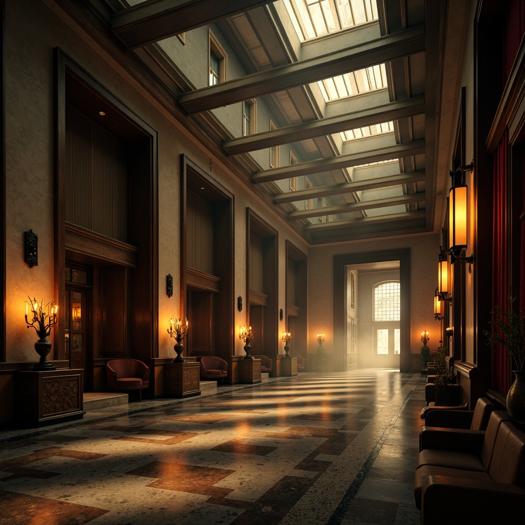 Prompt: Moody Expressionist space, dramatic high ceilings, abstract sculptures, eerie shadows, warm golden lighting, dimly lit corridors, ornate metal fixtures, Art Deco patterns, rich velvet drapes, luxurious marble floors, mysterious alcoves, intense spotlights, bold color contrasts, cinematic fog effects, low-key illumination, atmospheric mist, 1/1 composition, dramatic camera angles, high-contrast rendering, detailed textures, ambient occlusion.