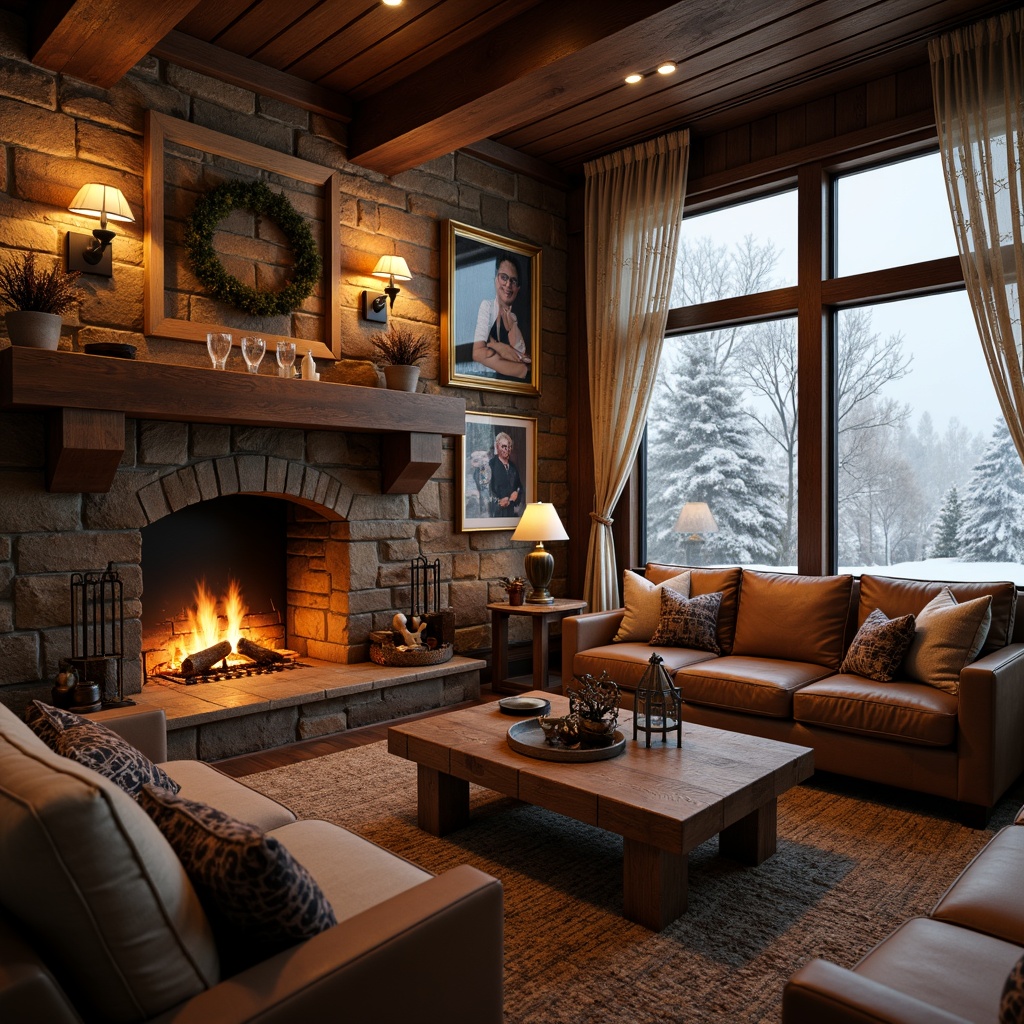 Prompt: Cozy living room, crackling fireplace, warm orange flames, rustic wooden mantel, comfortable plush armchairs, soft woven blankets, vintage decorative vases, dimmable table lamps, rich brown leather sofas, natural stone walls, earthy color palette, snowflake-patterned window curtains, frosty winter morning, warm golden lighting, shallow depth of field, 2/3 composition, realistic textures, ambient occlusion.