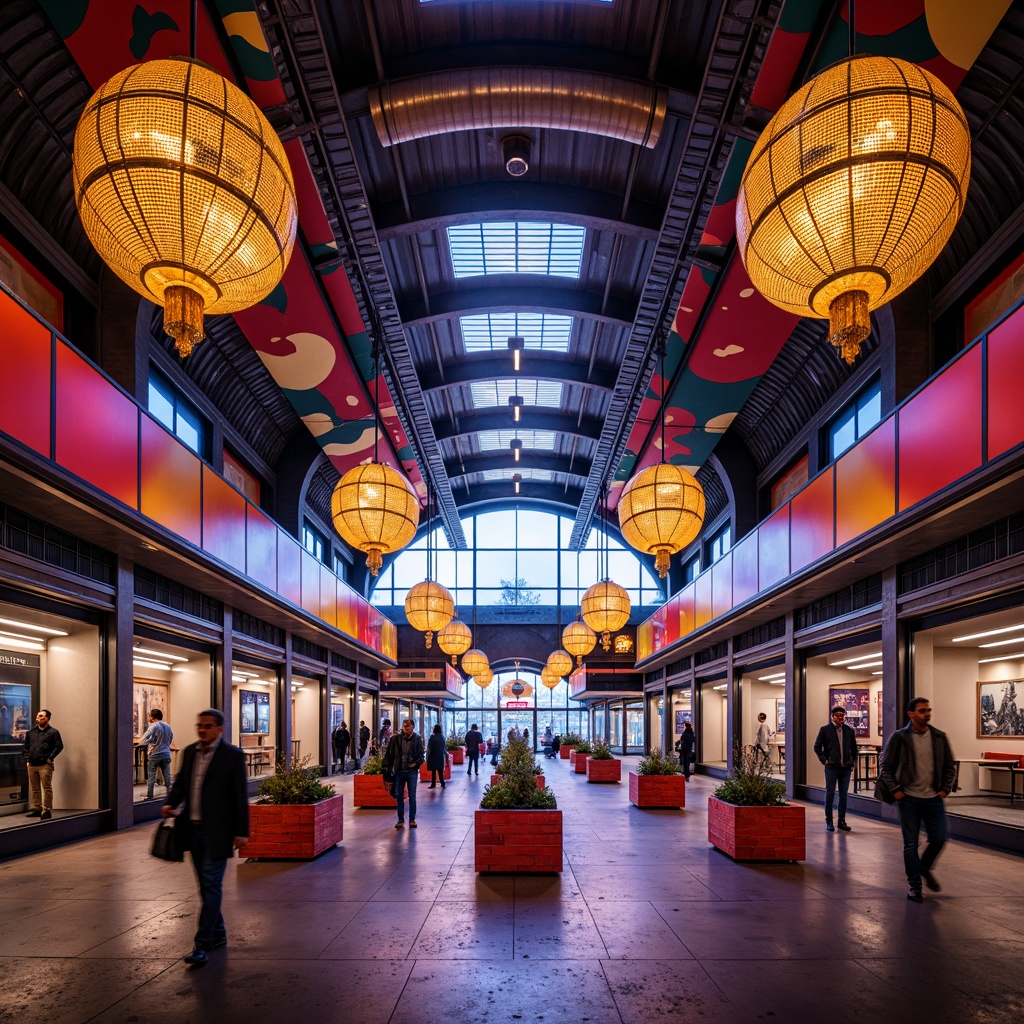 Prompt: Vibrant postmodern train station interior, eclectic mix of patterns, bold color schemes, neon lights, futuristic chandeliers, ornate metalwork, curved lines, asymmetrical shapes, playful textures, distressed finishes, industrial chic atmosphere, urban landscape views, rush hour scenes, dynamic shadows, high-contrast lighting, spotlights on metallic accents, warm ambient glow, atmospheric mist, 1-point perspective, symmetrical composition, hyper-realistic reflections.