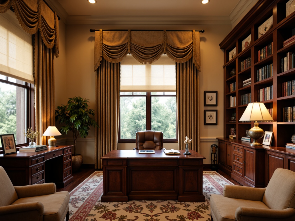 Prompt: Traditional home office, warm beige walls, dark wood furniture, leather-bound books, ornate metal desk lamps, rich velvet drapes, gold tassel trim, softbox window treatments, gathered silk curtains, floral patterned upholstery, natural linen shades, wooden blinds, stained glass accents, classic architectural details, inviting workspace, soft warm lighting, shallow depth of field, 3/4 composition, realistic textures.