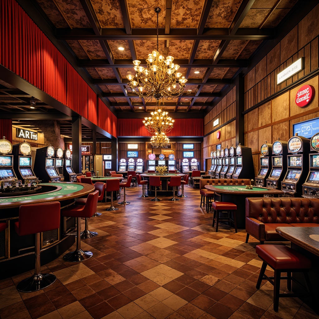 Prompt: Luxurious casino interior, industrial-chic aesthetic, metallic accents, reclaimed wood textures, vintage slot machines, neon signs, velvet drapes, ornate chandeliers, rich leather upholstery, bold geometric patterns, polished chrome legs, tufted sofas, high-stakes poker tables, roulette wheels, dramatic spotlights, warm golden lighting, shallow depth of field, 1/1 composition, cinematic atmosphere, realistic reflections, ambient occlusion.