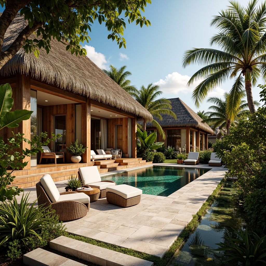 Prompt: Tropical island villa, thatched roofs, bamboo walls, reclaimed wood accents, natural fiber textiles, woven rattan furniture, vibrant colorful tiles, lush greenery, palm trees, exotic flowers, sunny day, warm soft lighting, shallow depth of field, 3/4 composition, panoramic view, realistic textures, ambient occlusion, eco-friendly materials, innovative cooling technologies, shaded outdoor spaces, misting systems, organic forms, curved lines, natural ventilation systems.