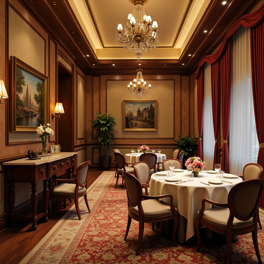 Prompt: Traditional dining room, rich wood tones, warm beige walls, ornate furnishings, velvet drapes, golden lighting fixtures, crystal chandeliers, formal dinnerware, elegant centerpieces, soft warm carpeting, classic oil paintings, subtle texture contrasts, rustic wooden tables, upholstered chairs, sophisticated color palette, earthy red accents, creamy whites, muted golds, warm beige undertones, inviting atmosphere, shallow depth of field, 2/3 composition, realistic textures, ambient occlusion.