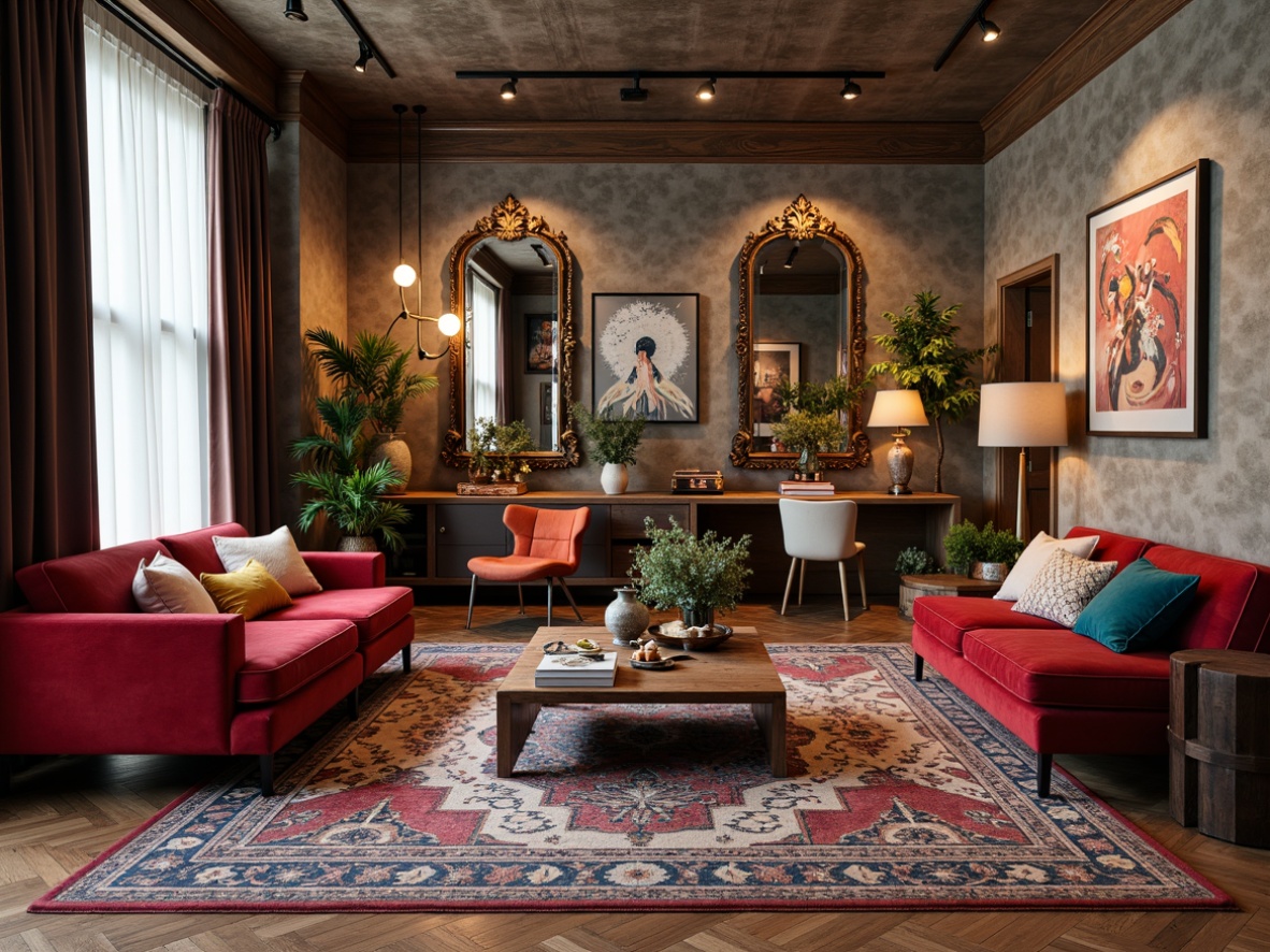 Prompt: Vibrant apartment interior, eclectic furniture pieces, bold color schemes, patterned rugs, abstract artwork, ornate mirrors, luxurious velvet sofas, sleek metal coffee tables, minimalist wooden chairs, industrial-style lighting fixtures, exposed brick walls, polished concrete floors, natural textiles, rich wood accents, cozy reading nooks, dramatic curtains, warm ambient lighting, 1/2 composition, close-up shots, realistic materials, subtle animations.