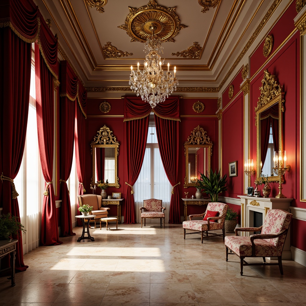 Prompt: Opulent Baroque interior, rich velvet fabrics, luxurious golden accents, ornate mirrors, crystal chandeliers, intricate carvings, lavish furnishings, bold red walls, creamy white marble, warm beige stone floors, soft candlelight, dramatic shadows, intense contrast, high-contrast color scheme, ornate moldings, gilded details, sumptuous textiles, regal atmosphere, majestic architecture.